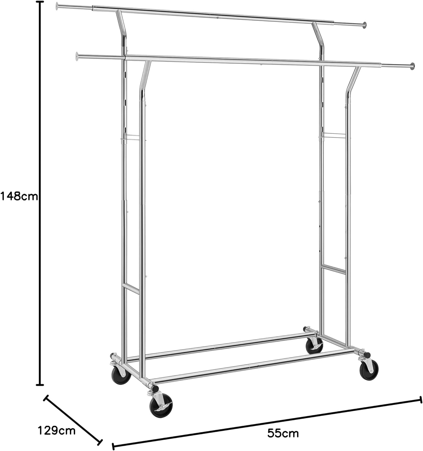 SONGMICS Suport pentru haine pe roti, sina dubla extensibila, din inox cromat, sarcina 100kg, 129x55x148cm, argintiu