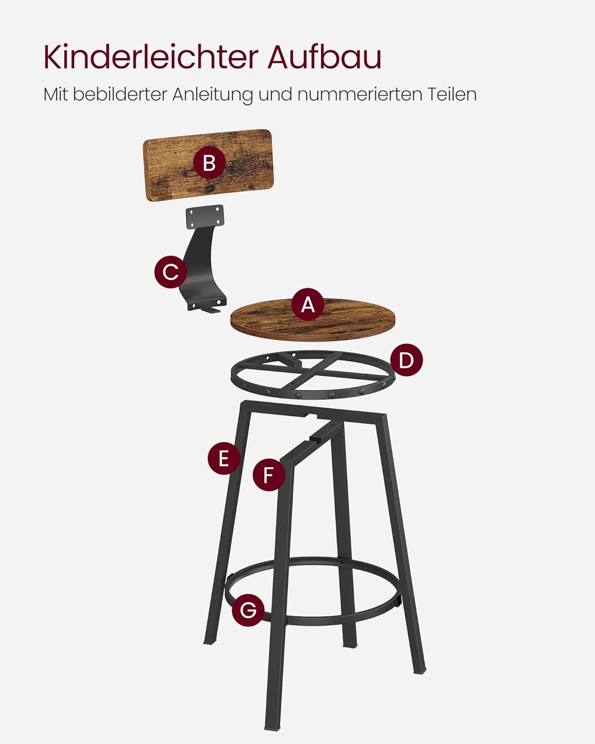 VASAGLE Set de 2 scaune de bar inalte cu spatar, cadru din otel, industrial, 51x89cm, maro rustic - 10