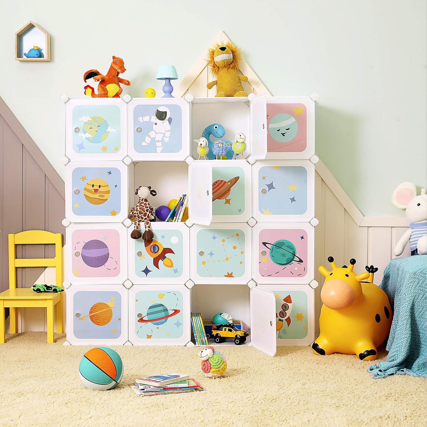 SONGMICS Dulap modular de depozitare jucarii, 16 cuburi cu usi, 123x31x123cm, alb