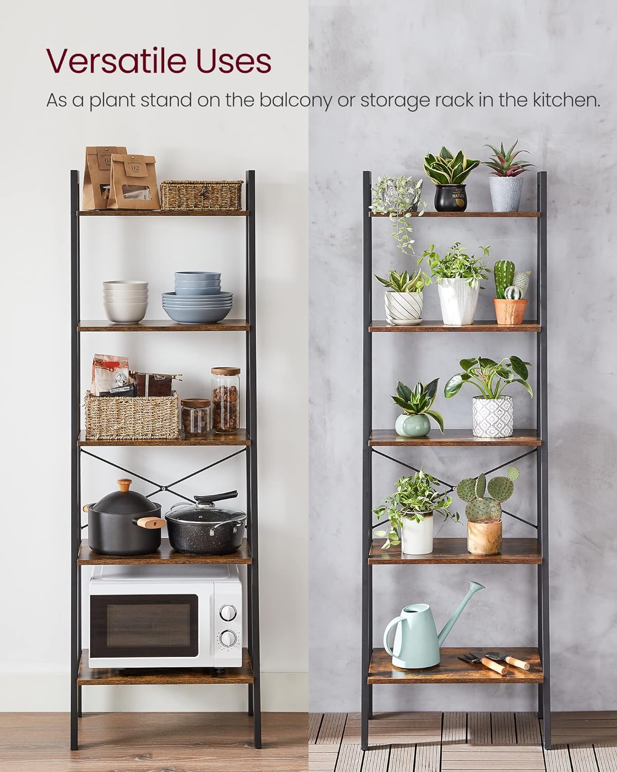 VASAGLE Biblioteca tip scara, cadru otel cu 5 polite din MDF, stil industrial, 56x34x172cm, maro rustic si negru