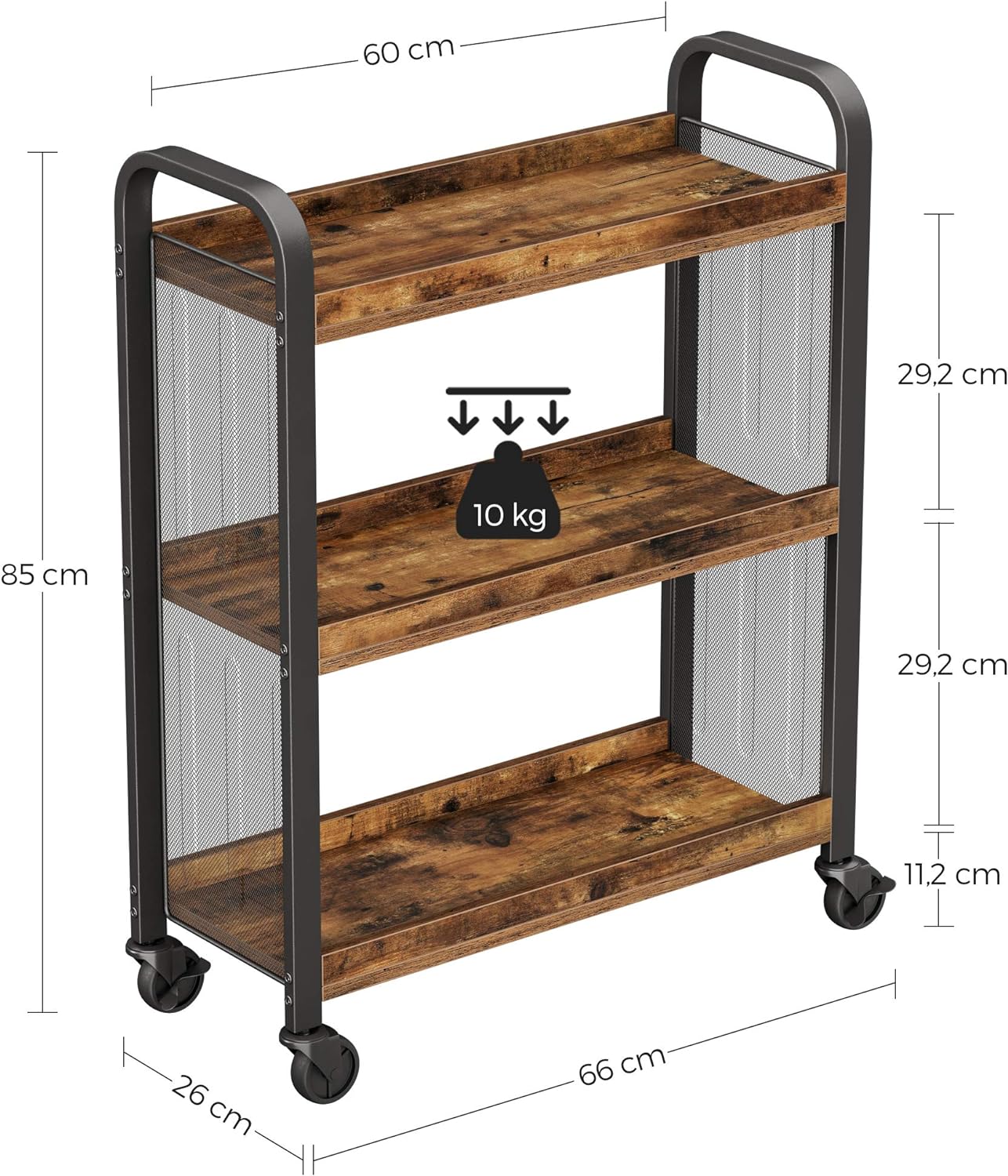VASAGLE Carucior de servire pe roti pentru bucatarie, cu 3 polite, stil industrial, 26x66x85cm, maro rustic