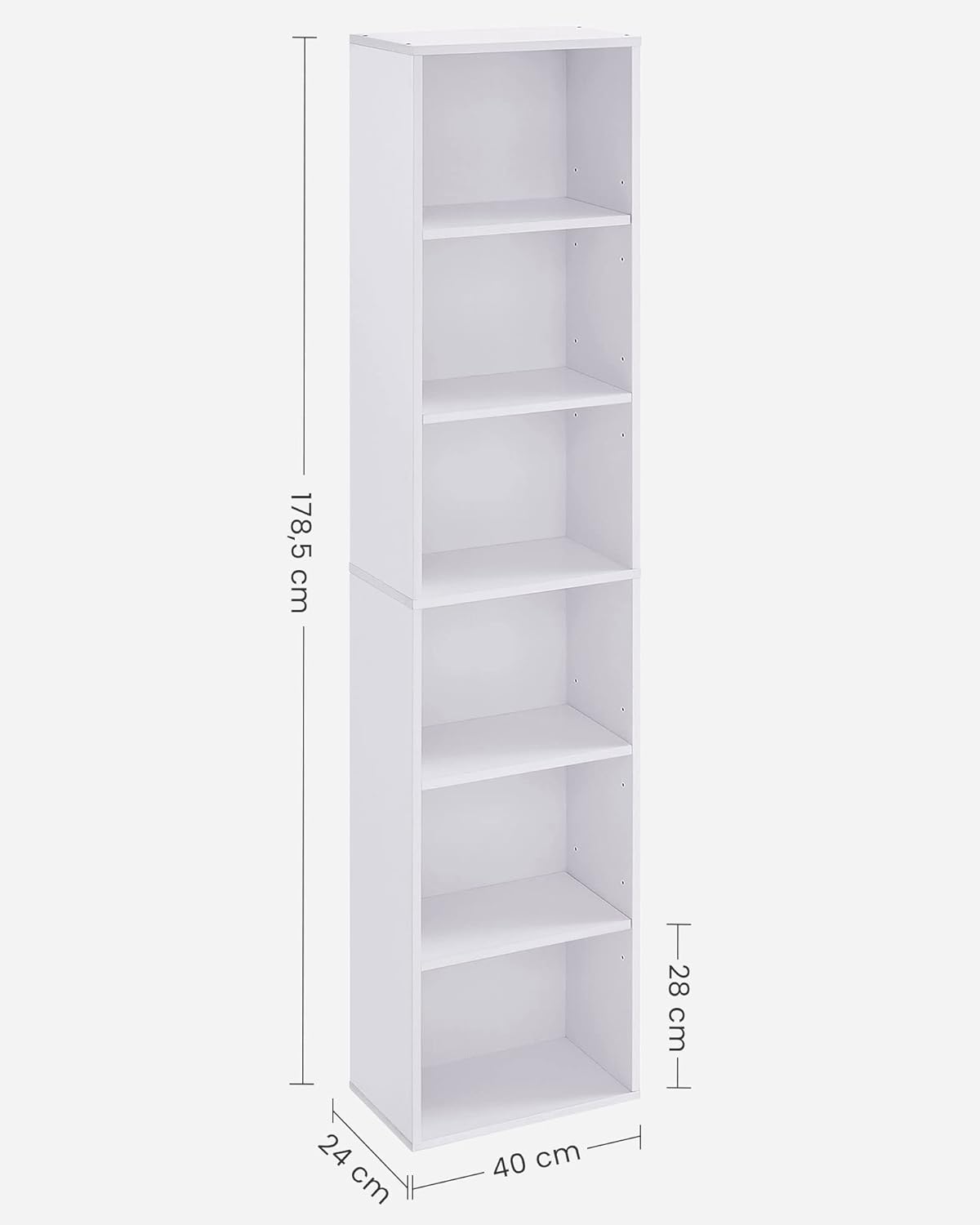 VASAGLE Biblioteca verticala 40x24x179 cm, 6 rafturi din care 4 reglabile, PAL alb mat