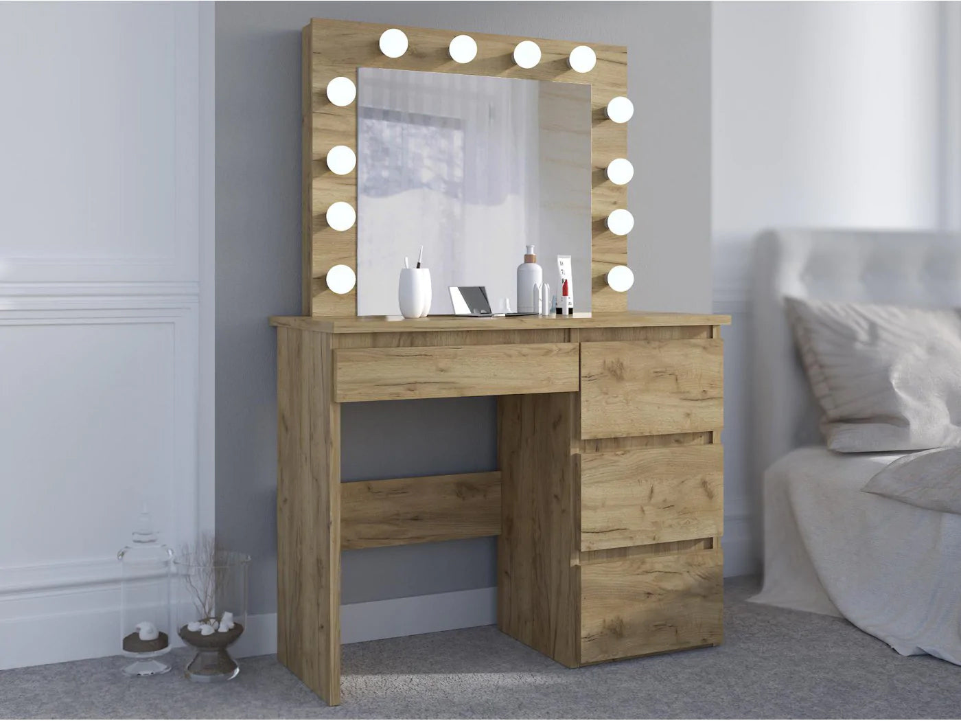 Masa de toaleta si machiaj Hollywood cu oglinda LED si 4 sertare, 94x43x140 cm, craft - 11