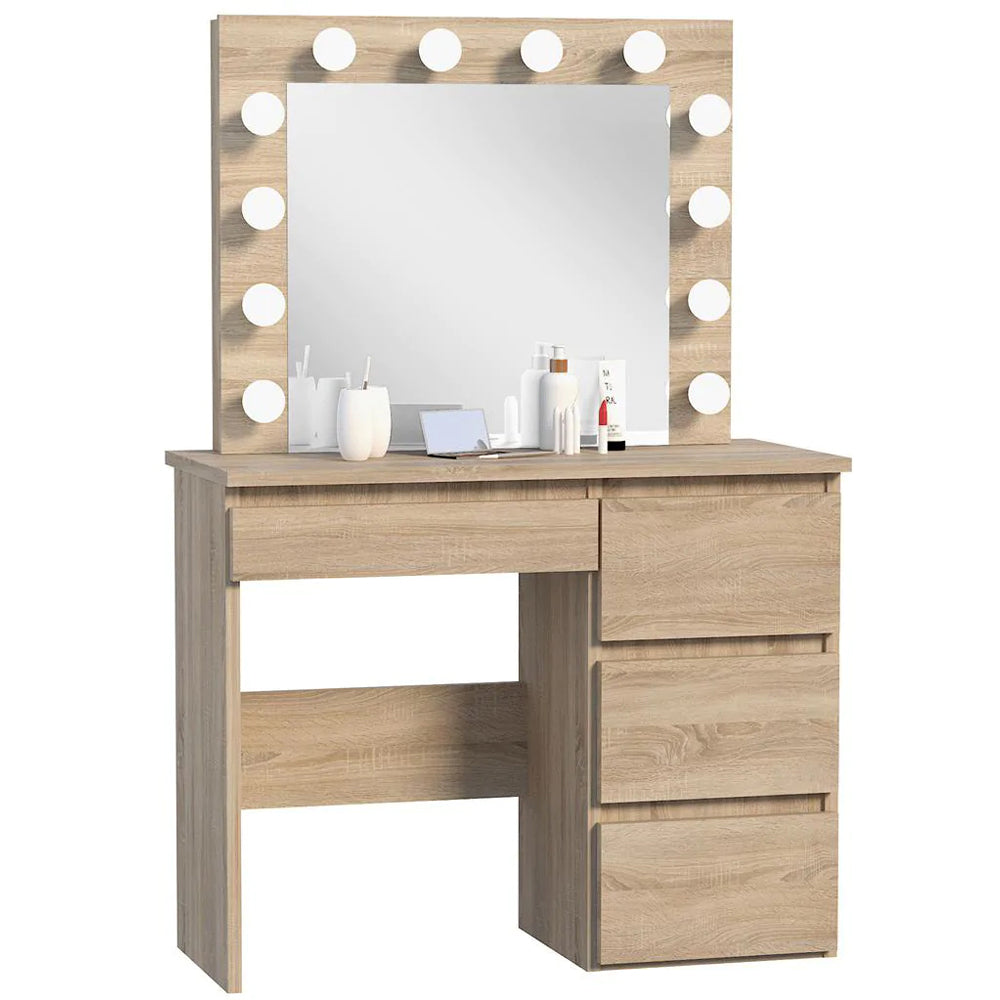 Masa de toaleta si machiaj Hollywood cu oglinda LED si 4 sertare, 94x43x140 cm, stejar - 10