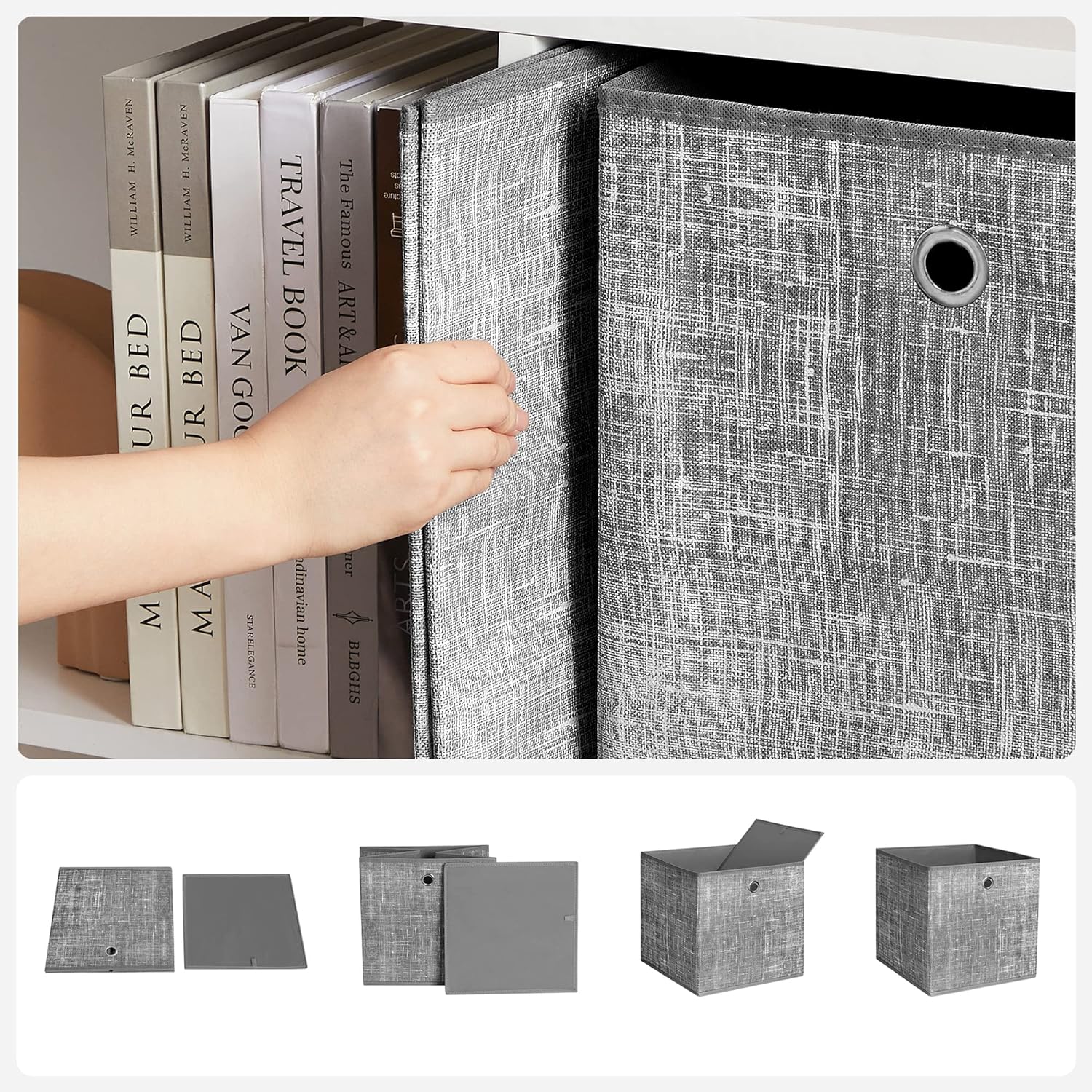 SONGMICS Set 6 cutii de depozitare, pliabile cu maner, material textil si oxford, 30x30x30 cm, gri