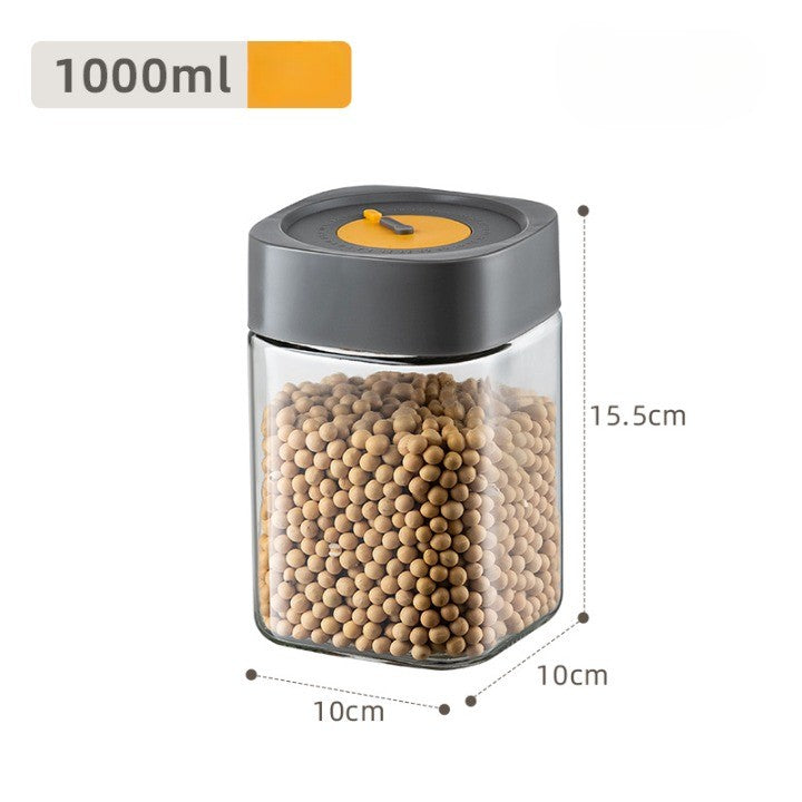 Borcan Alimentar din sticla cu Capac Vid, 1000 ml, Inchidere Ermetica pentru Orice Tip de Produse, Design Patrat, 10 x 10 x 15.5 cm, Transparenta cu Capac Gri