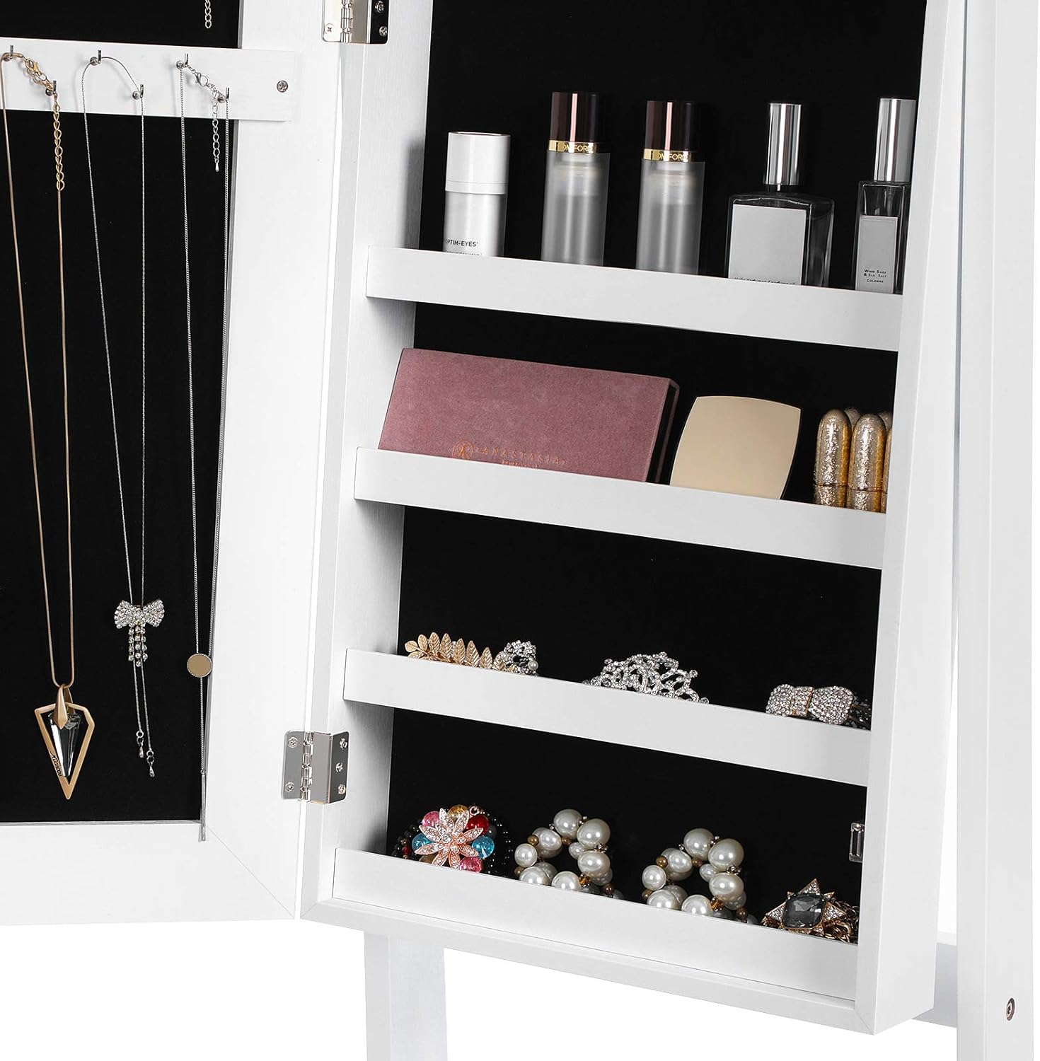 SONGMICS Oglinda de podea cu suport, din MDF, spatiu de depozitare, 41x37x152 cm, alb