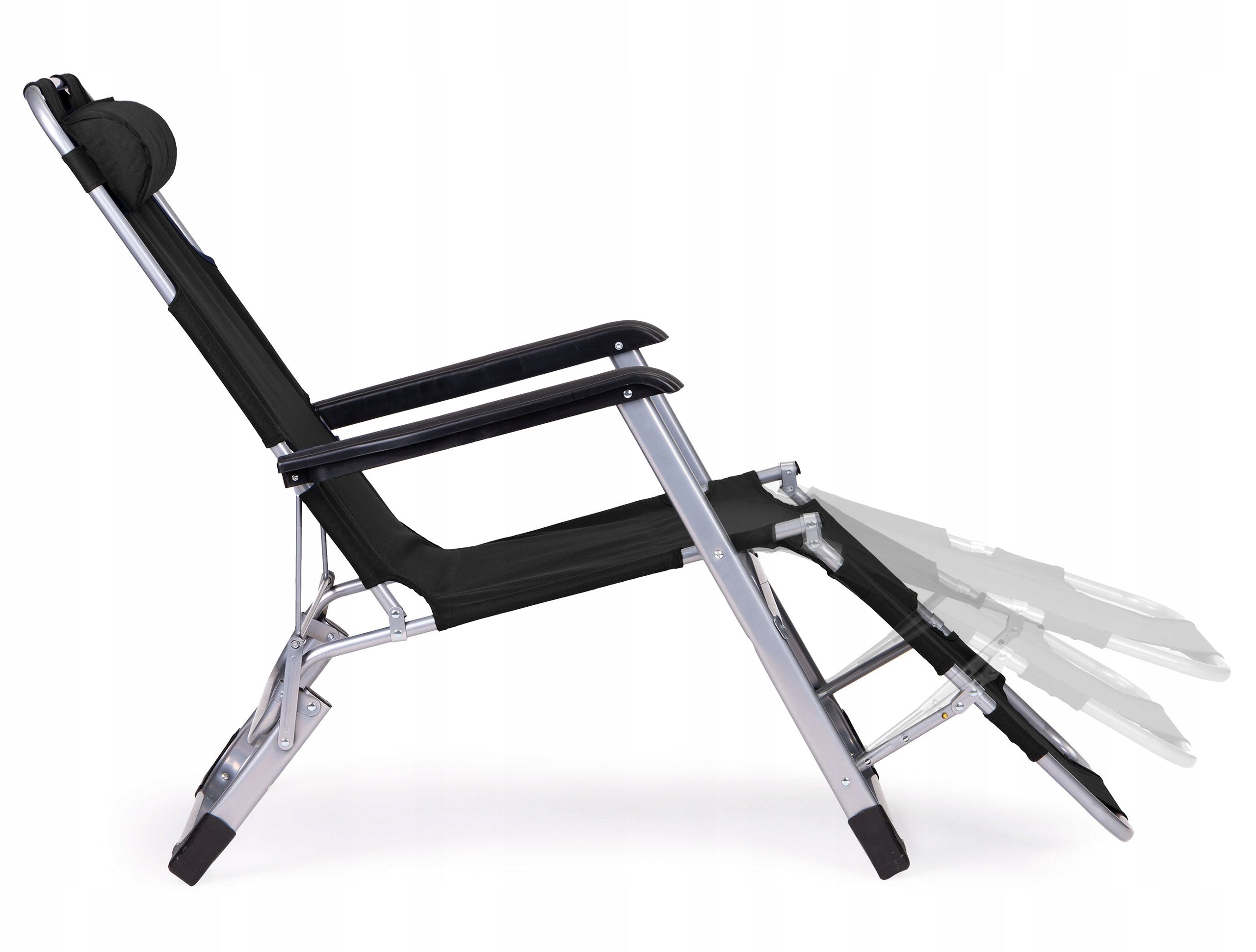 Sezlong pliabil 178x47x92 cm, 2 in 1 fotoliu, spatar si suport picioare reglabile, cadru metalic si tetiera detasabila, negru