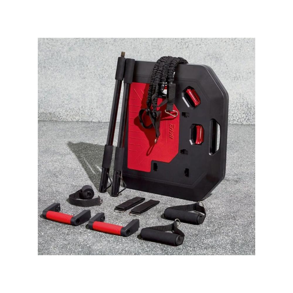 Set de antrenament Crossfit portabil, tip valiza, capacitate maxima 230kg, negru si rosu