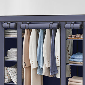 SONGMICS Garderoba din material textil, dulap portabil, cu rafturi si sina de agatat, 150x45x175cm, albastru