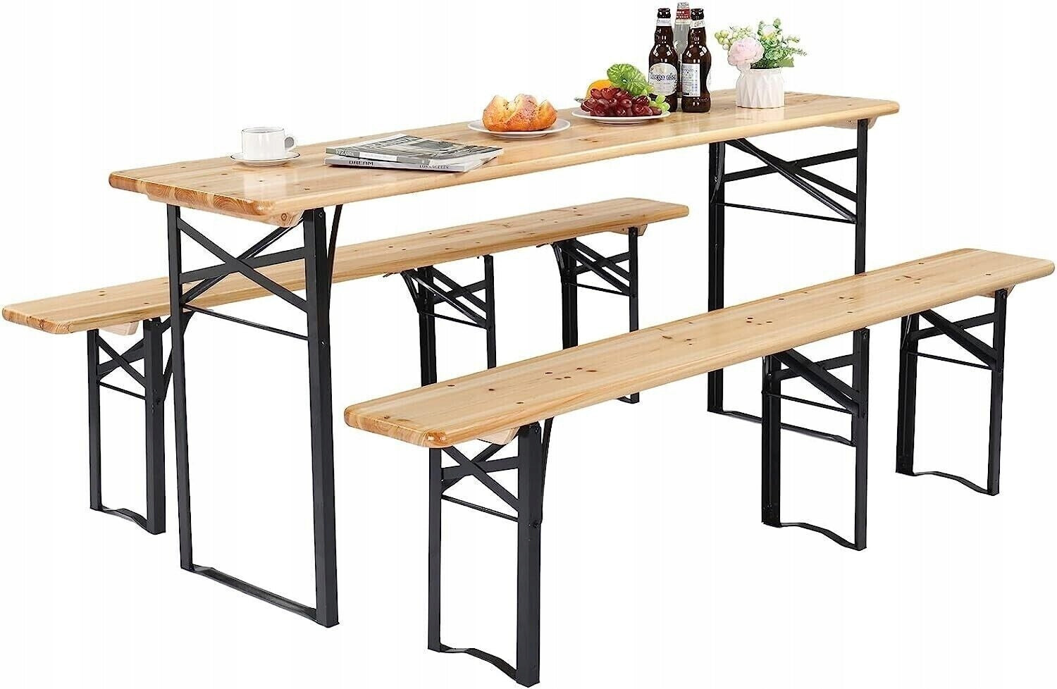 Set berarie din lemn masiv, pliabil, pentru terasa sau gradina, o masa si doua banci, 177x46cm, natur