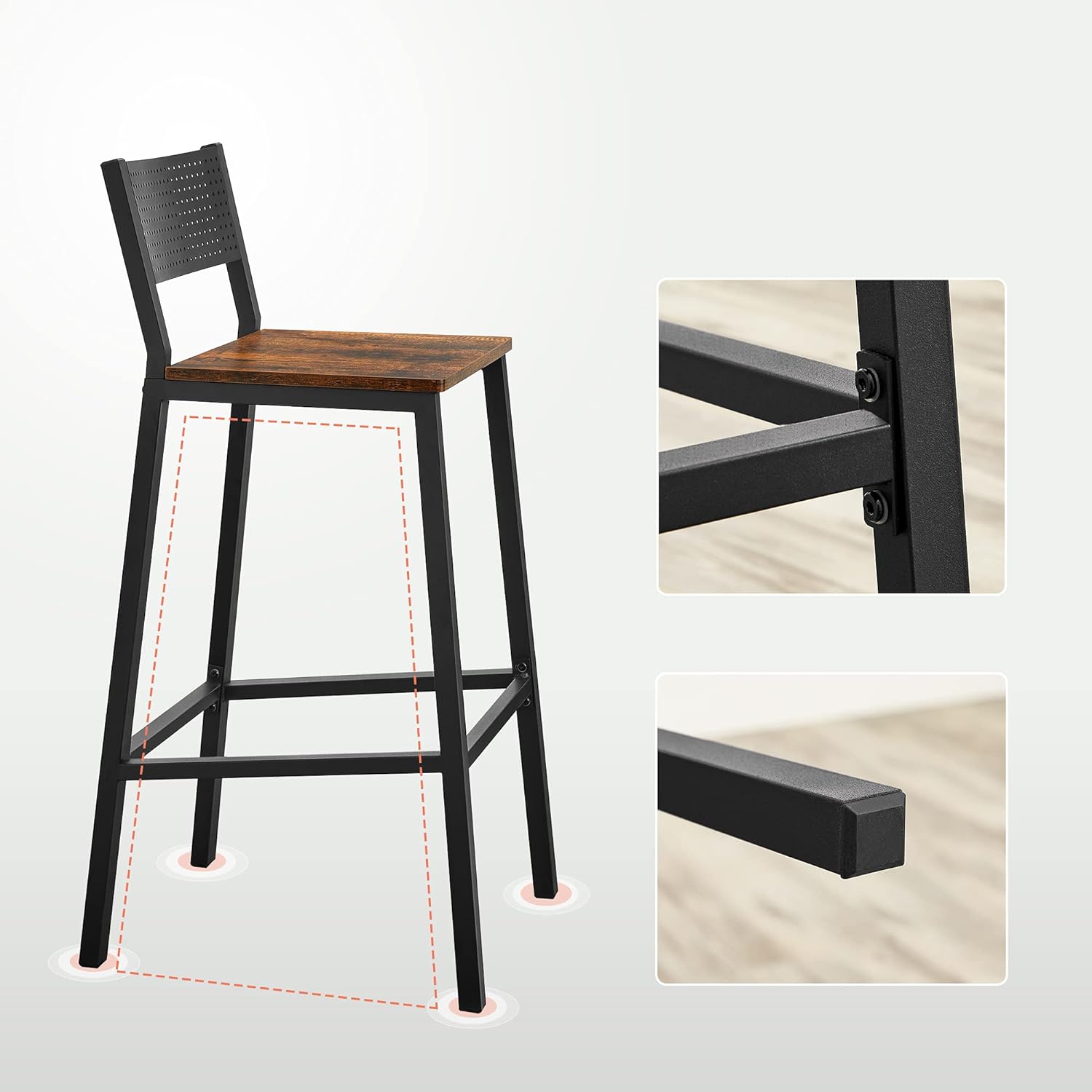 VASAGLE Set 2 scaune de bar, inalte cu spatar, cadru metalic, sezut MDF, industrial, 51x43x97cm, maro rustic si negru