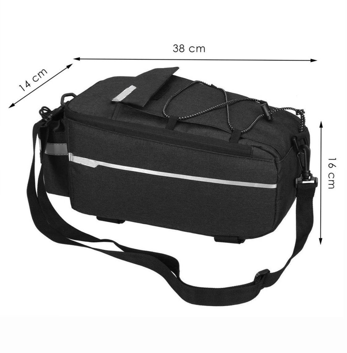 Geanta portbagaj bicicleta, 1 compartiment si 2 buzunare laterale, 38x14x16cm, negru cu elemente reflectorizante gri