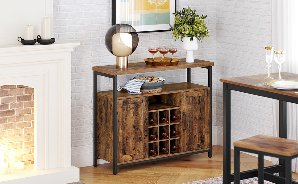 VASAGLE Comoda tip bufet, cu 2 usi si suport pentru sticle vin, stil industrial, 100x35x81cm, maro rustic si negru