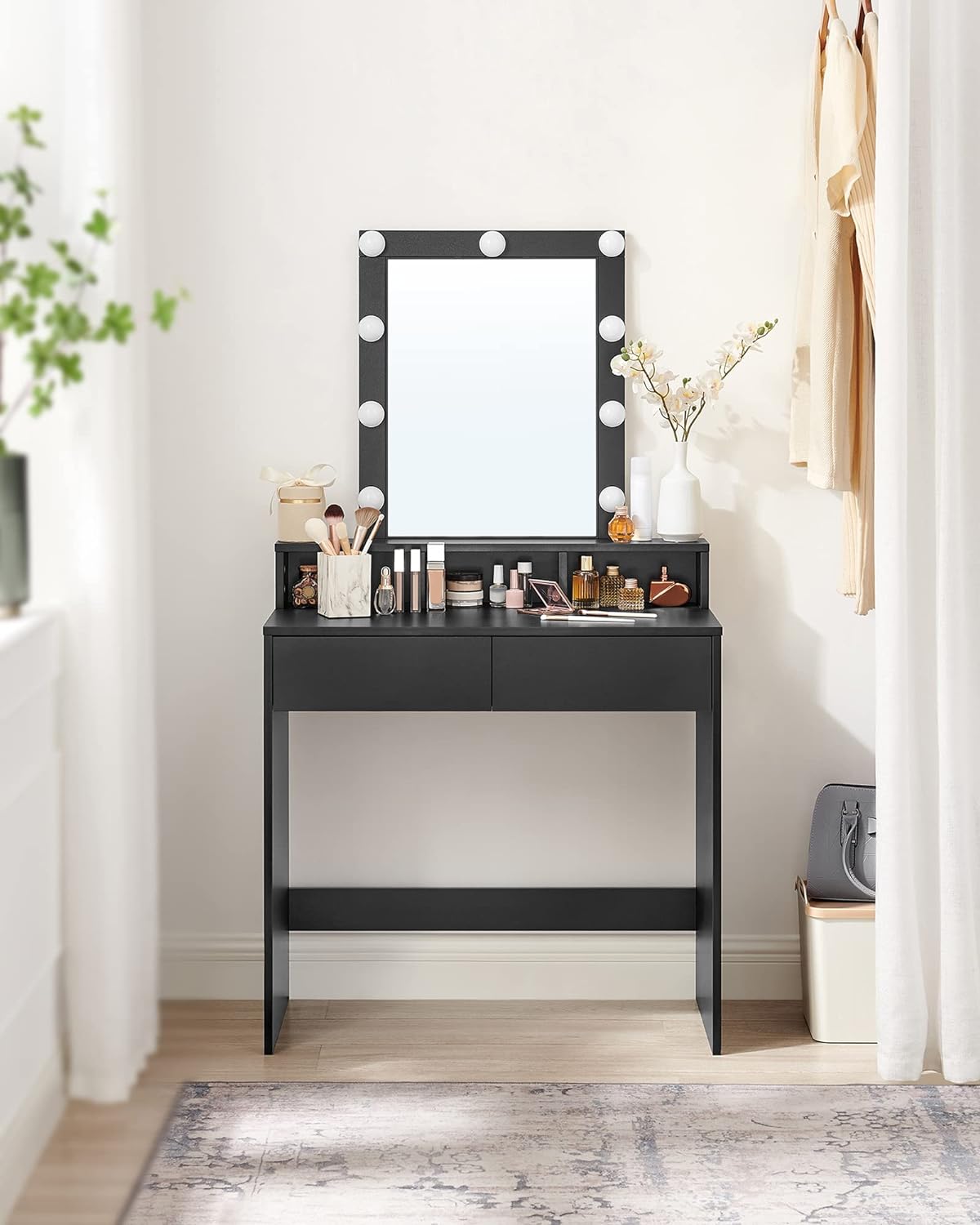 VASAGLE Masa de toaleta cu iluminare LED, cu oglinda, luminozitate reglabila, cu 2 sertare, 80x40x145cm, negru