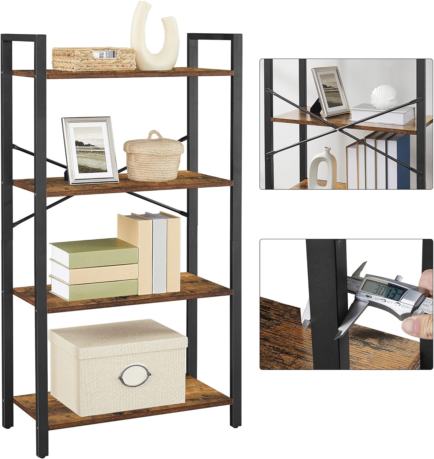 VASAGLE Biblioteca cu 4 etaje din lemn, cadru otel, stil industrial, 66x30x120cm, maro rustic - 11