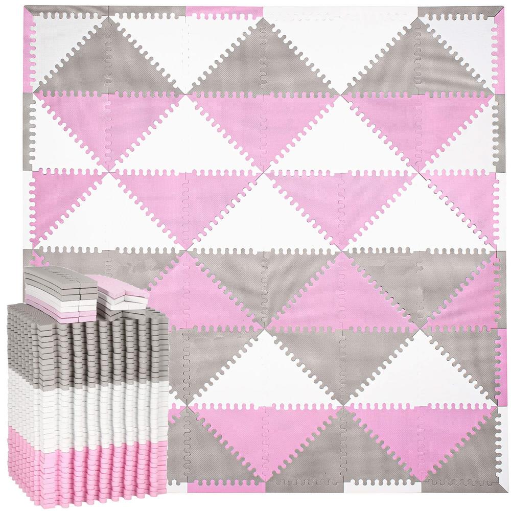 Covor din spuma pentru copii, tip puzzle triunghiuri, 96 piese,186×186 cm, gri roz