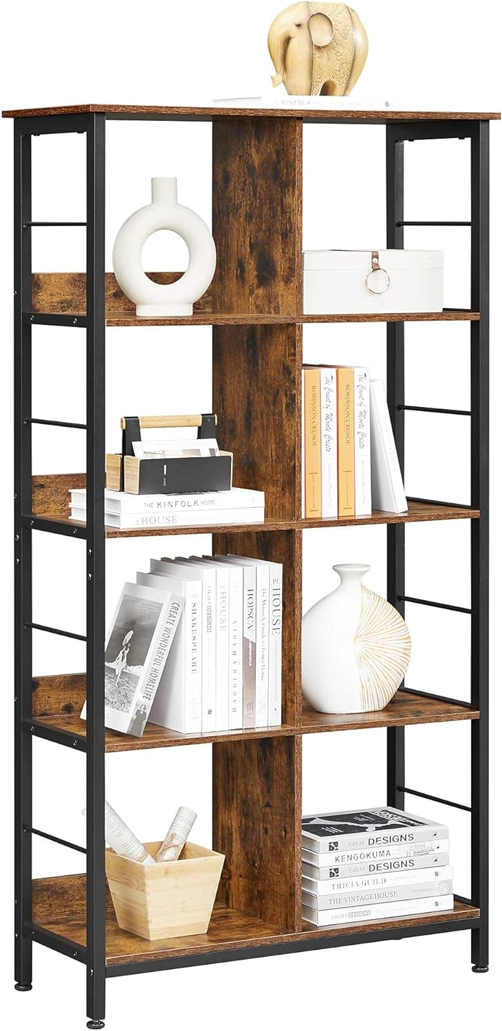 VASAGLE Biblioteca cu rafturi deschise, 8 compartimente, design industrial, 80x33x149cm, maro retro si negru