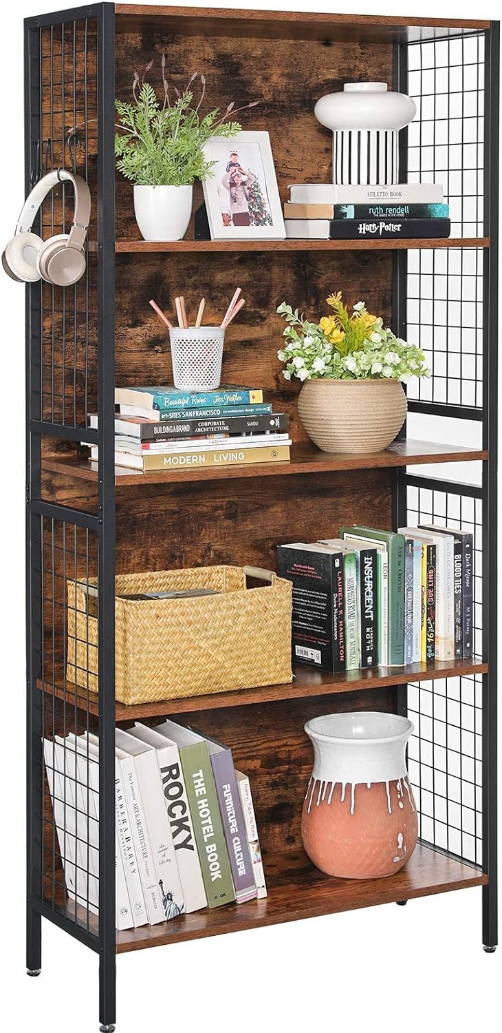 VASAGLE Biblioteca, raft cu 4 niveluri, cadru otel si polite din MDF, 74x30x155cm, maro rustic si negru