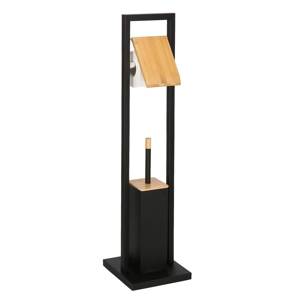 Stand cu perie WC si suport hartie igienica, metal si bambus, 80cm, negru