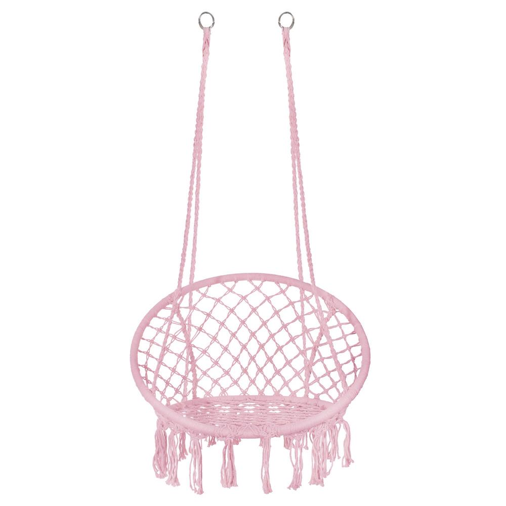 Scaun rotund tip leagan suspendat pentru casa sau gradina SPR42, cu franjuri, 150kg, roz