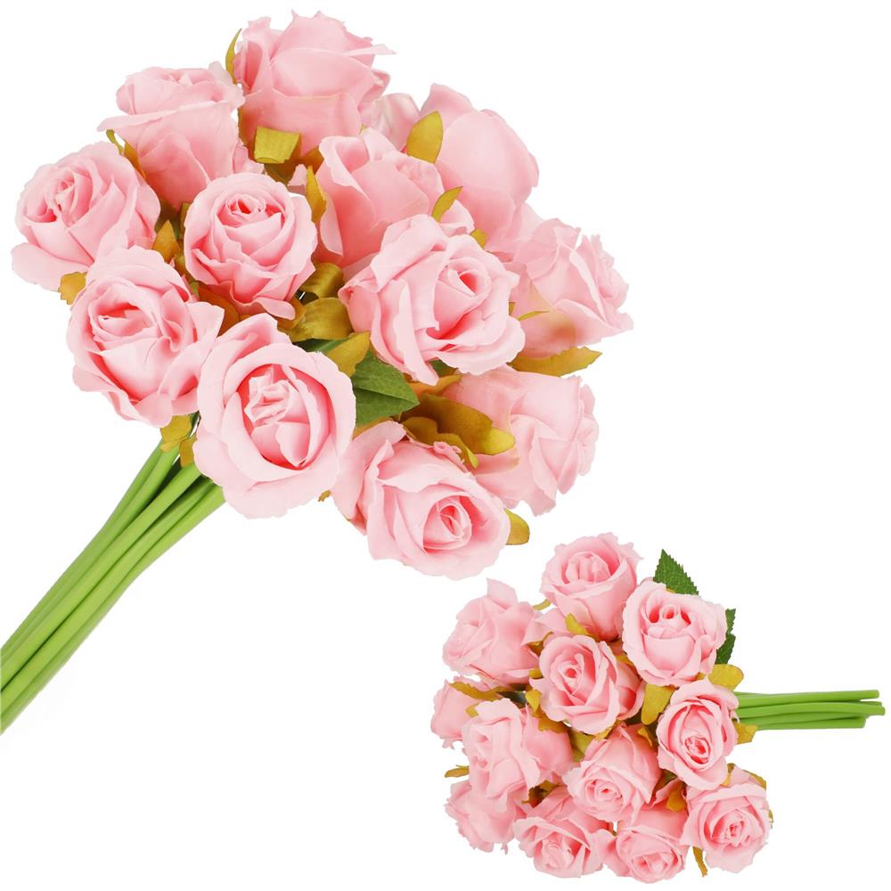 Buchet de flori artificiale din poliester, 12 fire trandafiri, 26cm, roz - 10