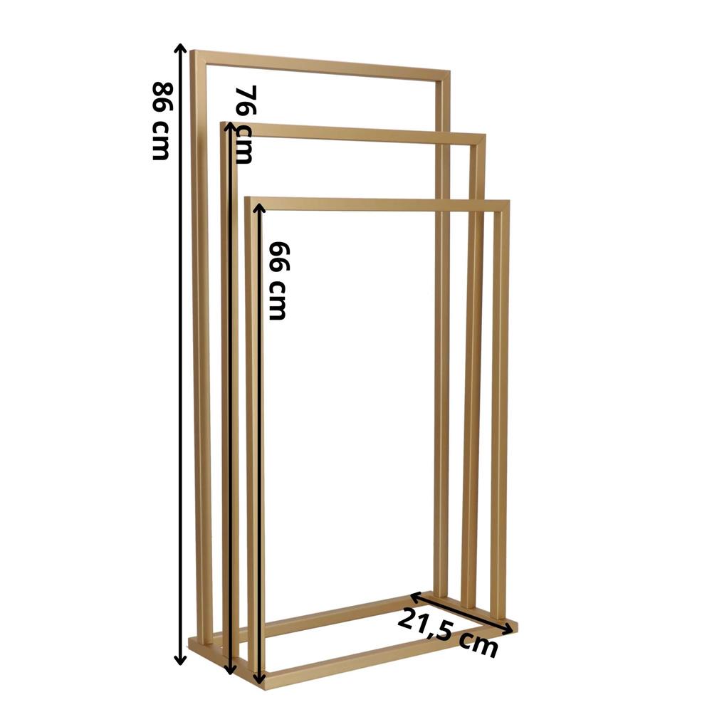 Suport metalic de baie pentru prosoape, cu 3 standuri, 86 cm, auriu mat