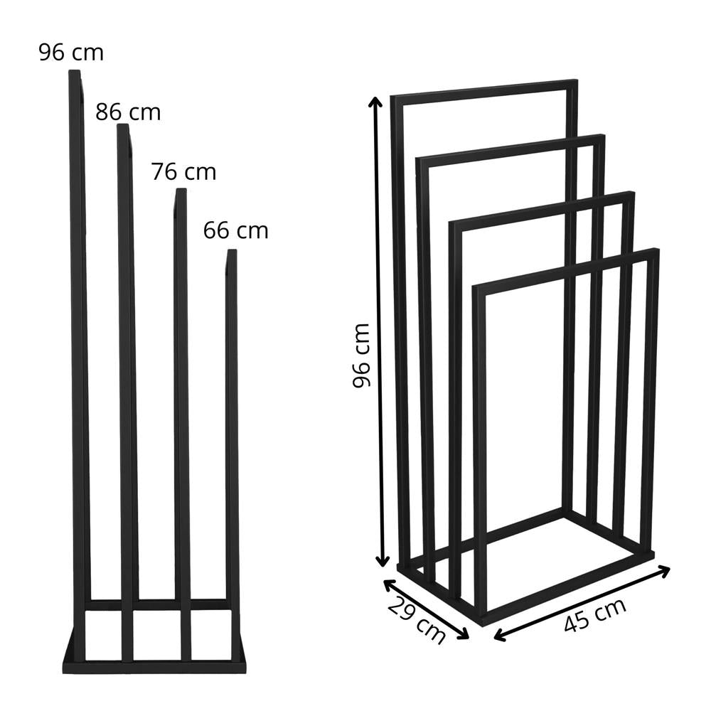 Suport metalic de baie pentru prosoape, cu 4 standuri, 96 cm, negru