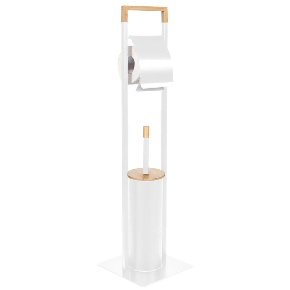 Stand cu perie WC si suport hartie igienica, metal si bambus, 76cm, alb perla