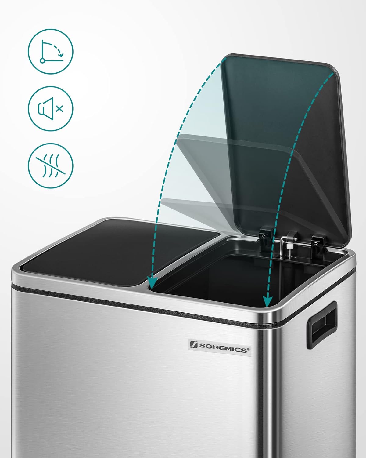 SONGMICS Cos de gunoi din inox cu 2 compartimente colectare selectiva, cu galeti interioare, 2x15litri, argintiu si negru