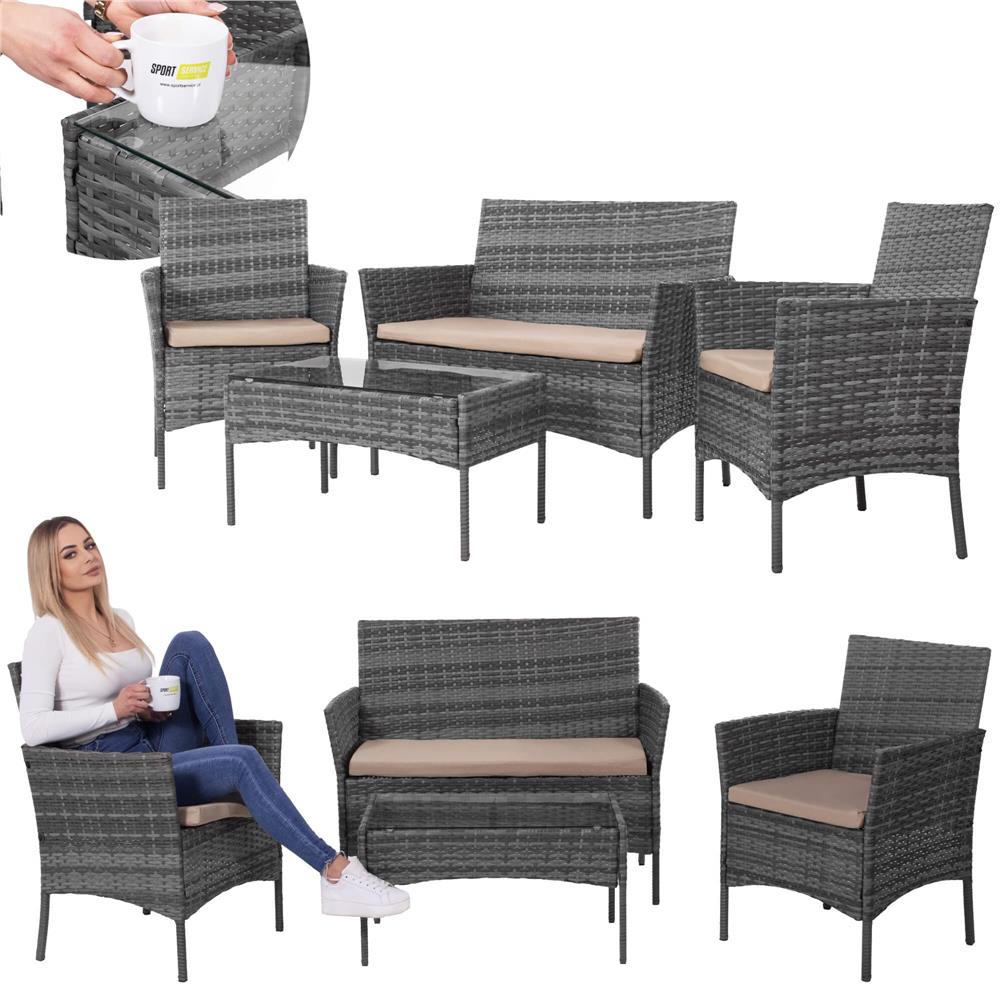 Set mobilier terasa, din tehnorattan, masa cu blat sticla securizata, 2 fotolii si 1 canapea cu perne, gri