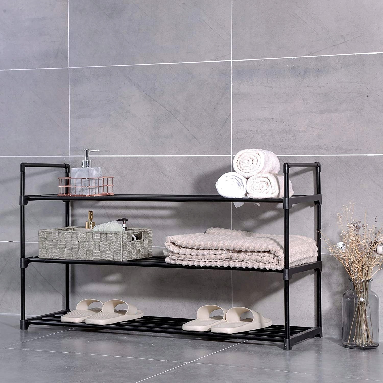 Suport pentru pantofi, cadru metalic cu 3 nivele, 12-15 perechi, stivuibil, 54x92x30cm, negru