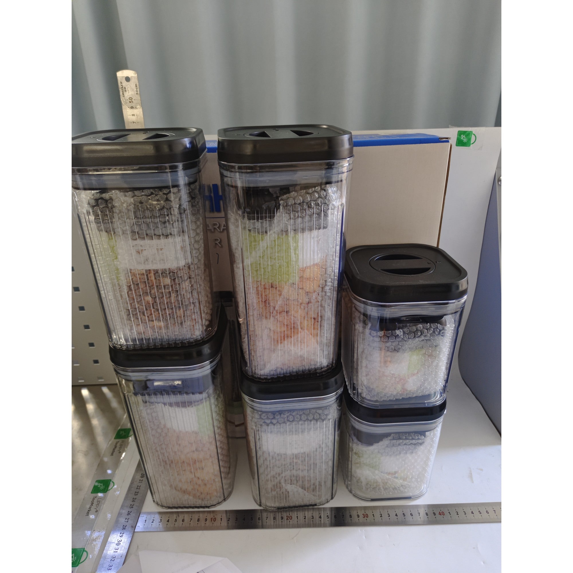Cutii de Depozitare Alimente, Set din 12 Cutii de tip Container, Recipiente pentru Cereale in Bucatarie, Transparente cu Capac Negru