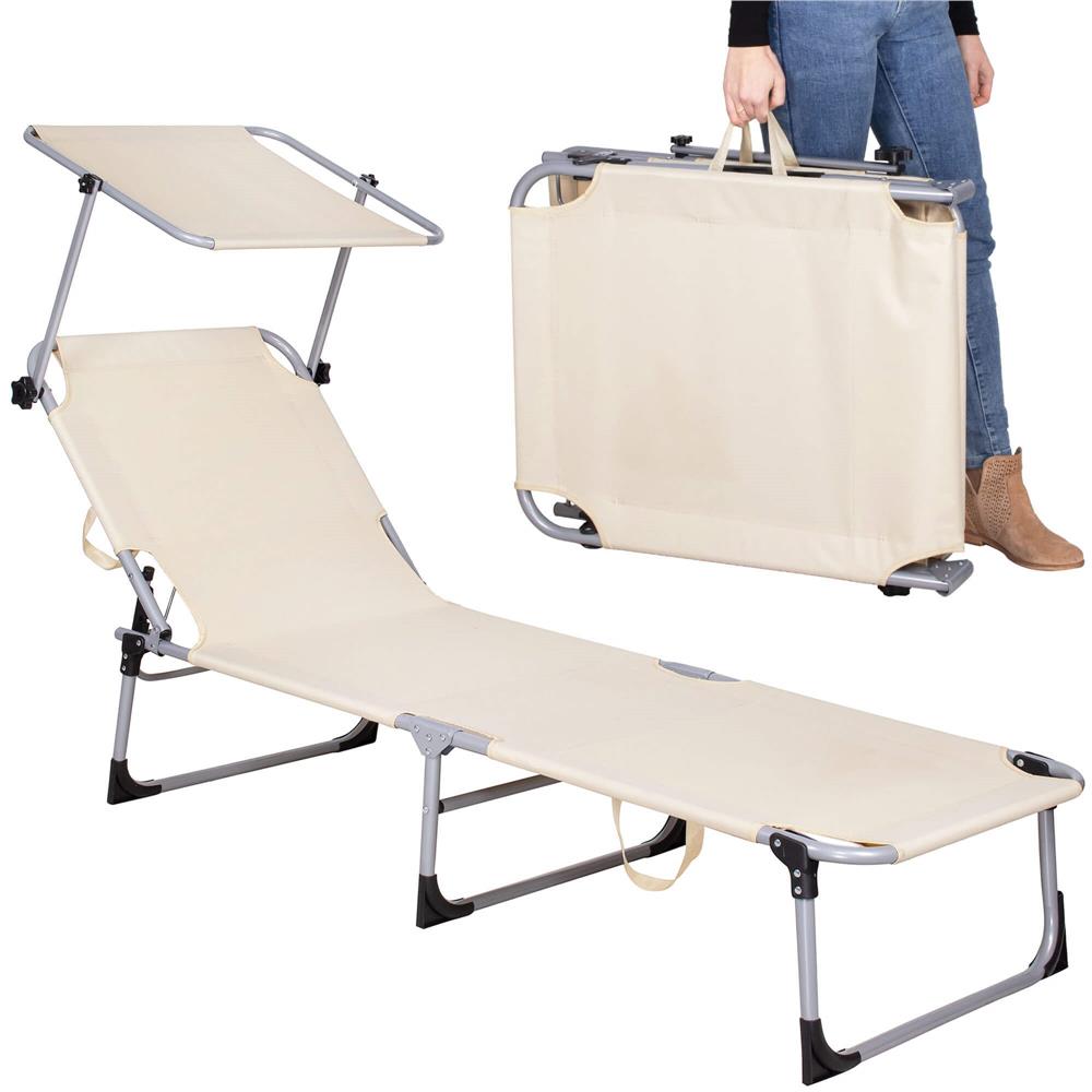 Sezlong pliabil cu parasolar, 188x57x38cm, sarcina 120kg, crem
