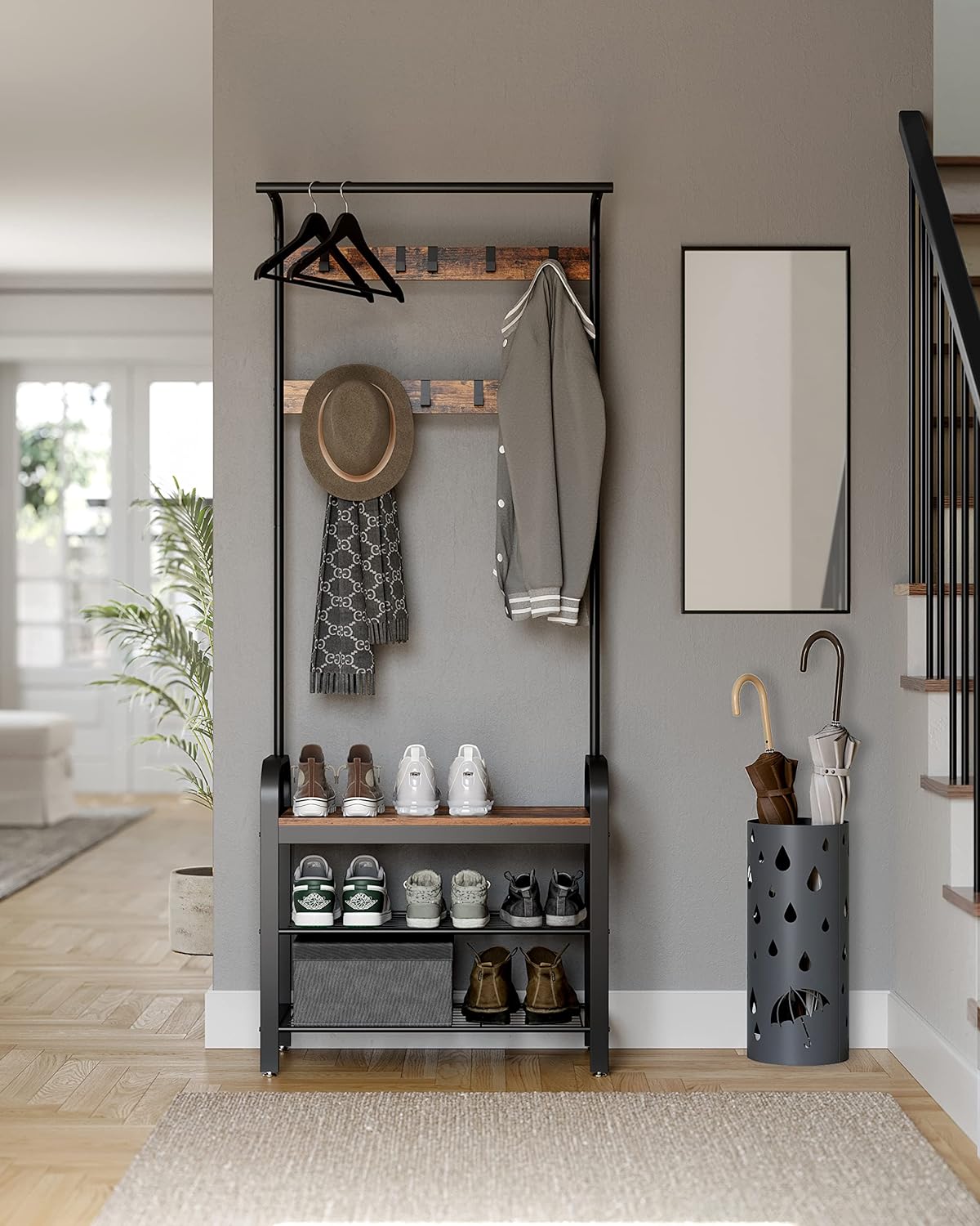 VASAGLE Cuier pentru haine, cu banc depozitare pantofi, 9 carlige detasabile, sina pentru haine, 34x77x183cm, industrial, maro rustic si negru