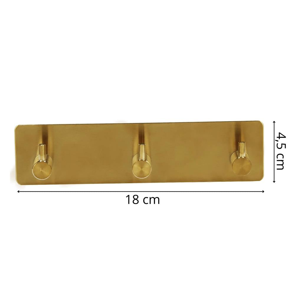Cuier de baie pentru prosoape, montare fara gaurire, otel, 3 agatatori, 18x4.5cm, auriu