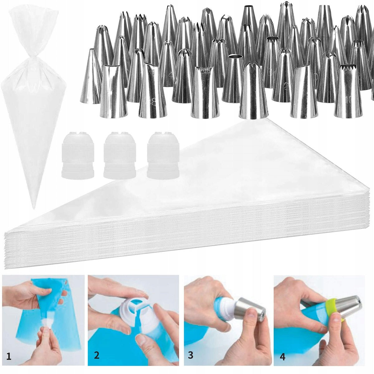 Set patiserie cu platou rotativ, 200 piese cu sabloane pentru ornarea prajiturilor
