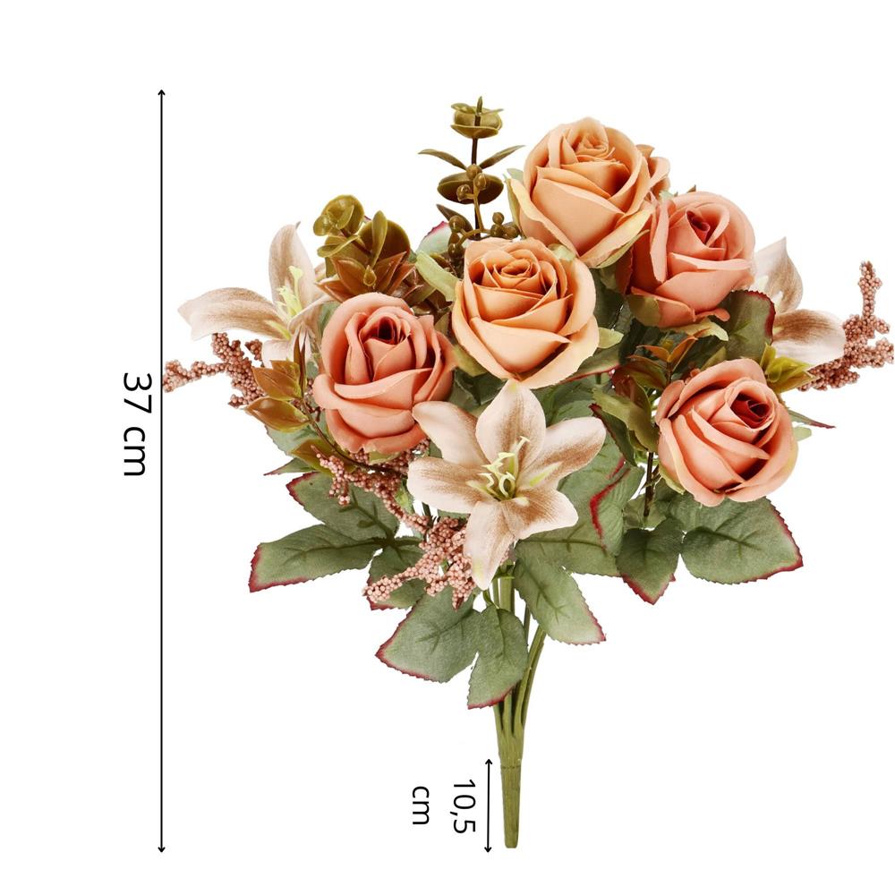 Buchet de flori artificiale din poliester, 9 fire trandafiri si crini, 37cm, roz