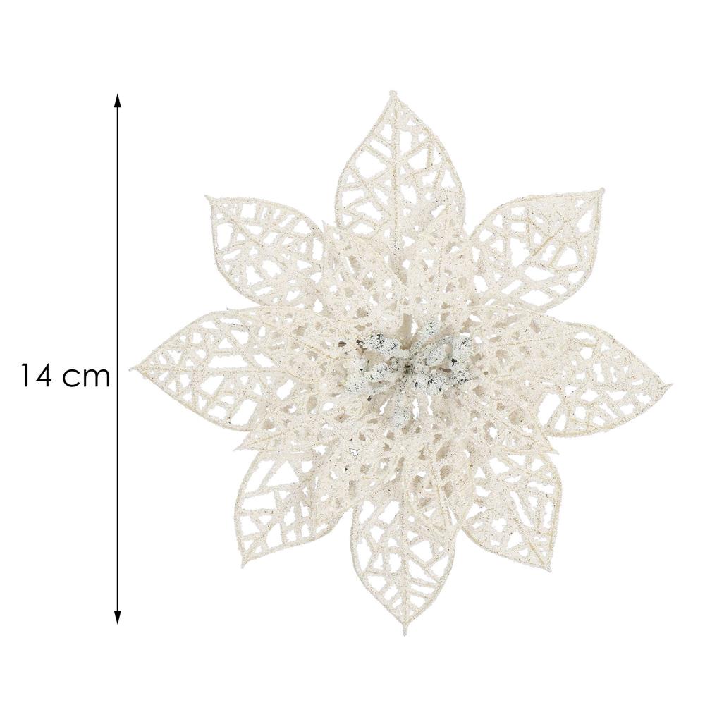 Set 10 ornamente pentru bradul de Craciun, stea Poinsettia, 14cm, alb cu sclipici