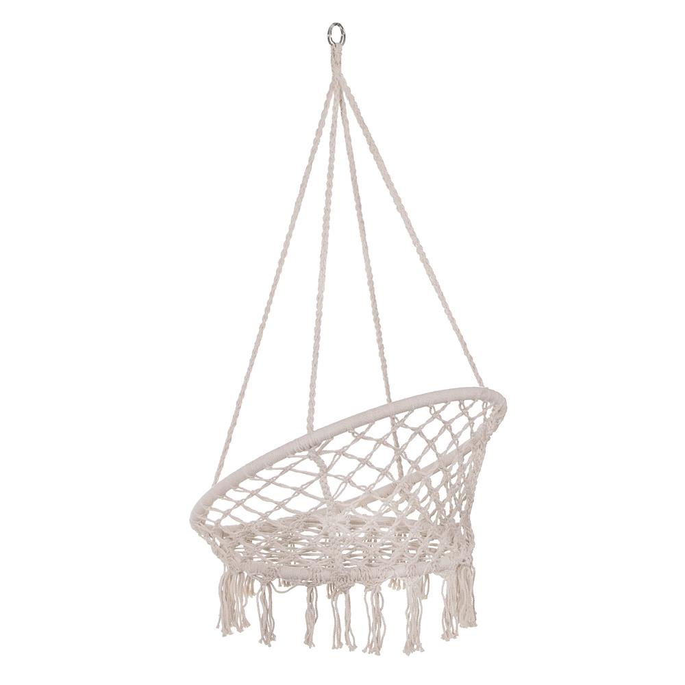 Scaun rotund tip leagan suspendat pentru casa sau gradina, cu franjuri, 150kg, crem