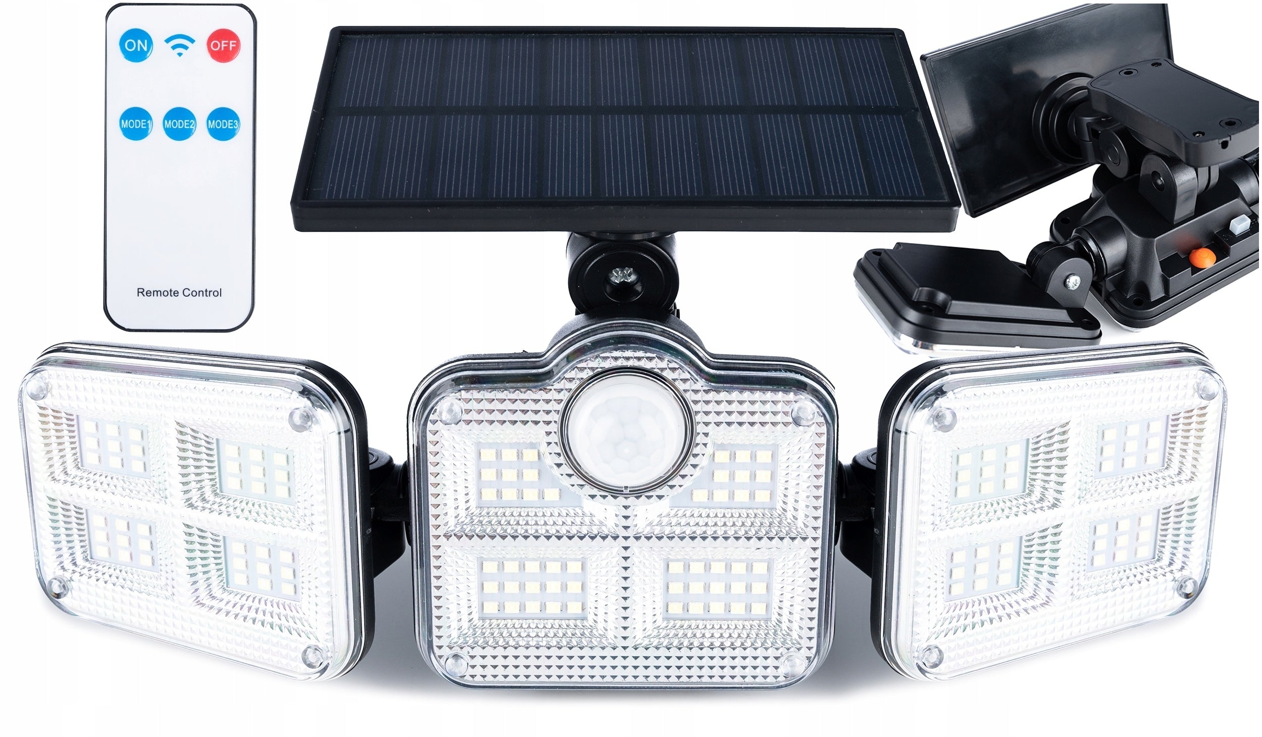 Proiector LED solar modular cu 3 lampi, senzor de miscare, 122LED-uri, cu telecomanda
