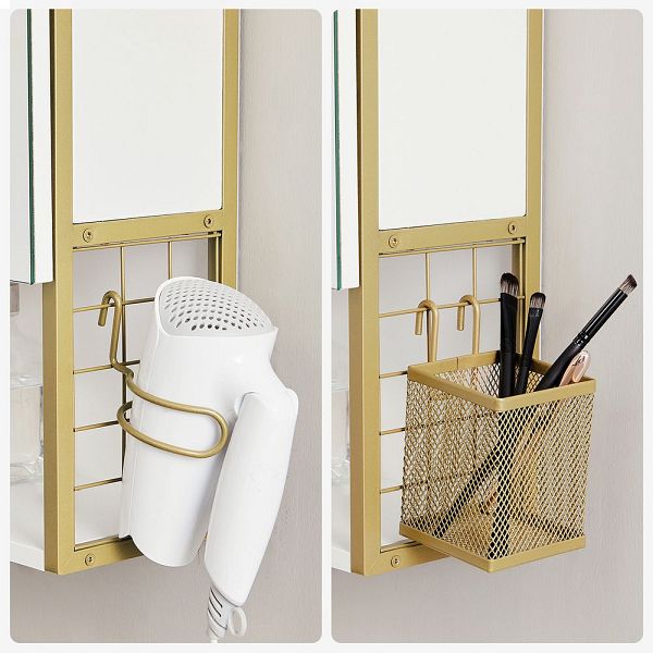 VASAGLE Dulap de baie de perete, 3 usi cu oglinda, compartiment deschis, 15x70x70 cm, alb auriu