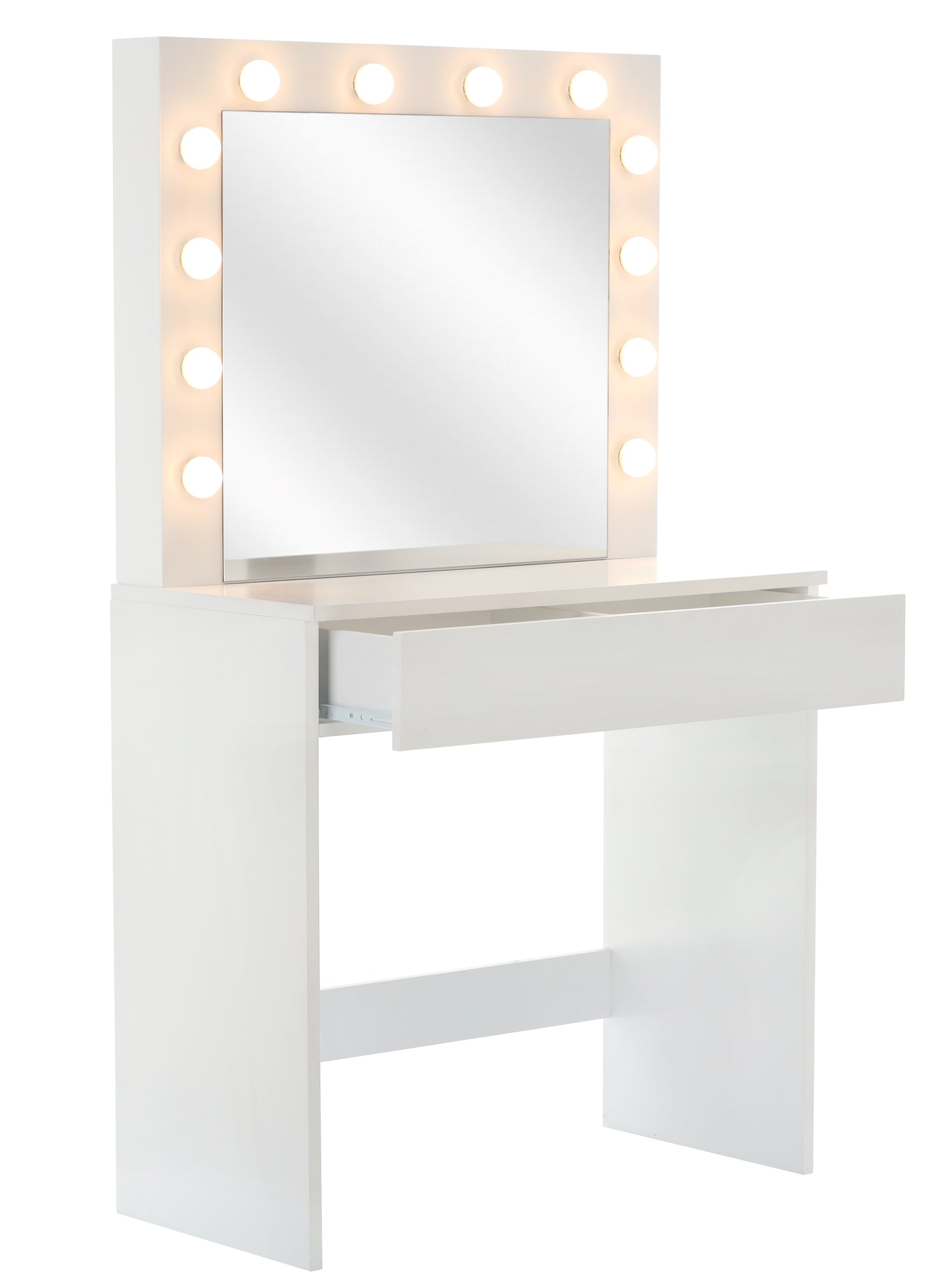 Masa de toaleta si machiaj Hollywood, alba, cu oglinda si 12 LED-uri, 80x40x140 cm