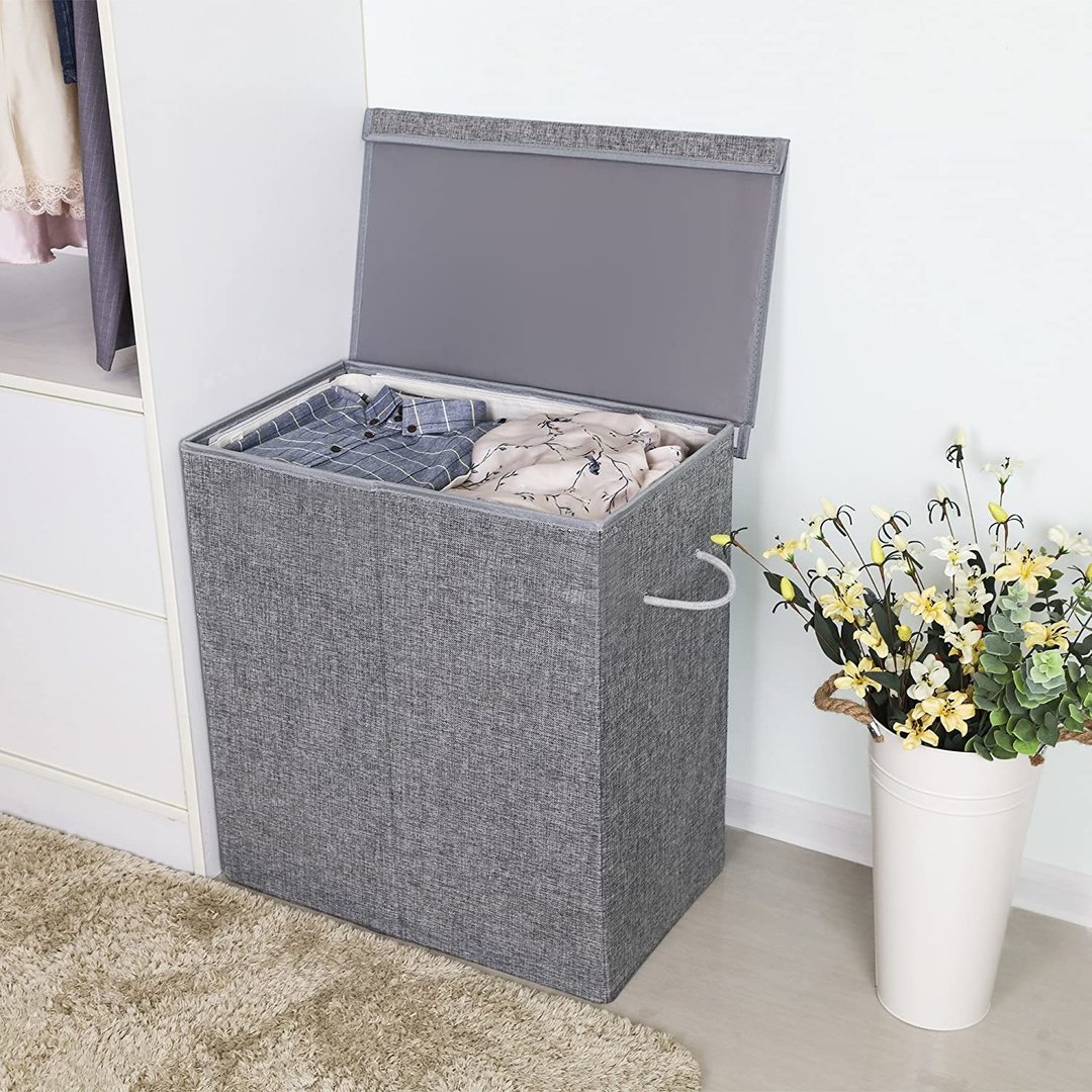 SONGMICS Cos de rufe textil, pliabil, 2 compartimente, saci detasabili, 142L, 60x36x66cm, gri