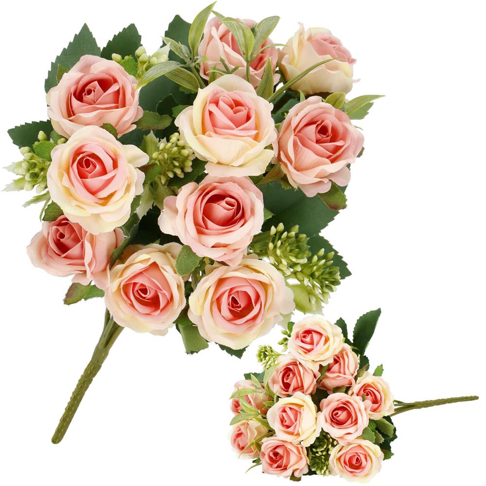 Buchet de flori artificiale din poliester, 10 fire trandafiri, 29cm, roz