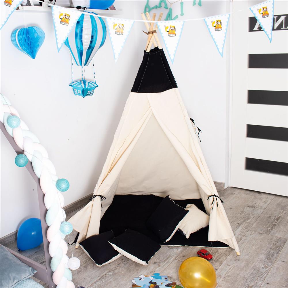 Cort copii Sersimo stil indian Teepee Tent cu fereastra, covoras gros si 2 perne, alb negru