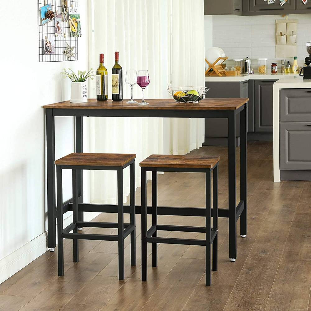 VASAGLE Set masa de bar cu 2 scaune, cadru din otel, blat lemn, design industrial, 100x40x90cm, maro rustic si negru