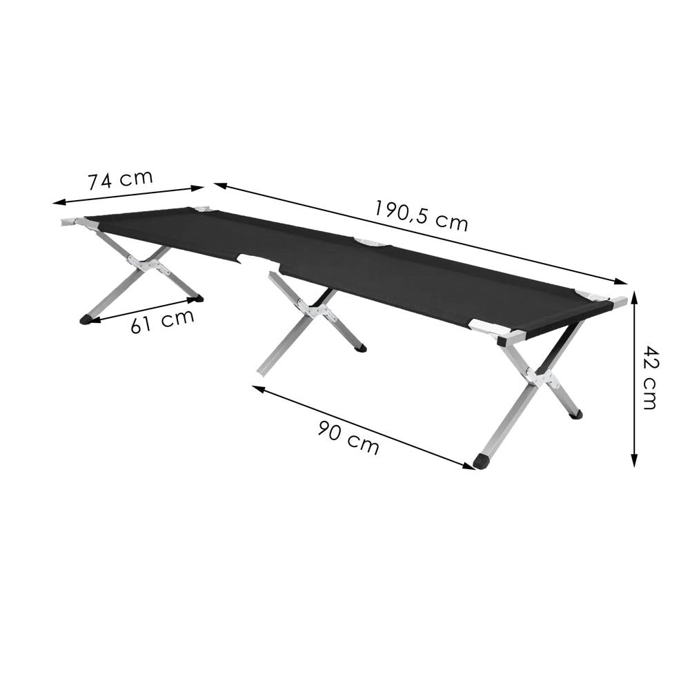 Pat pliant pentru camping, structura metalica, 190x74x42cm, 150kg, negru