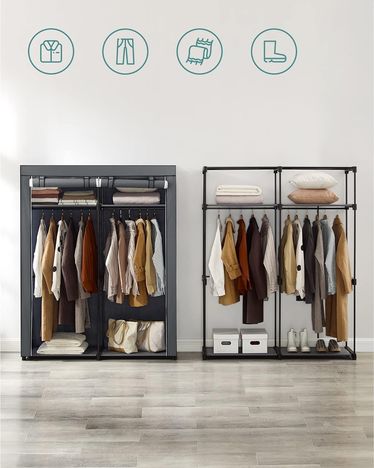 Garderoba pentru depozitarea hainelor, din material textil, cu 2 bare pentru umerase, 43x140x174cm, gri