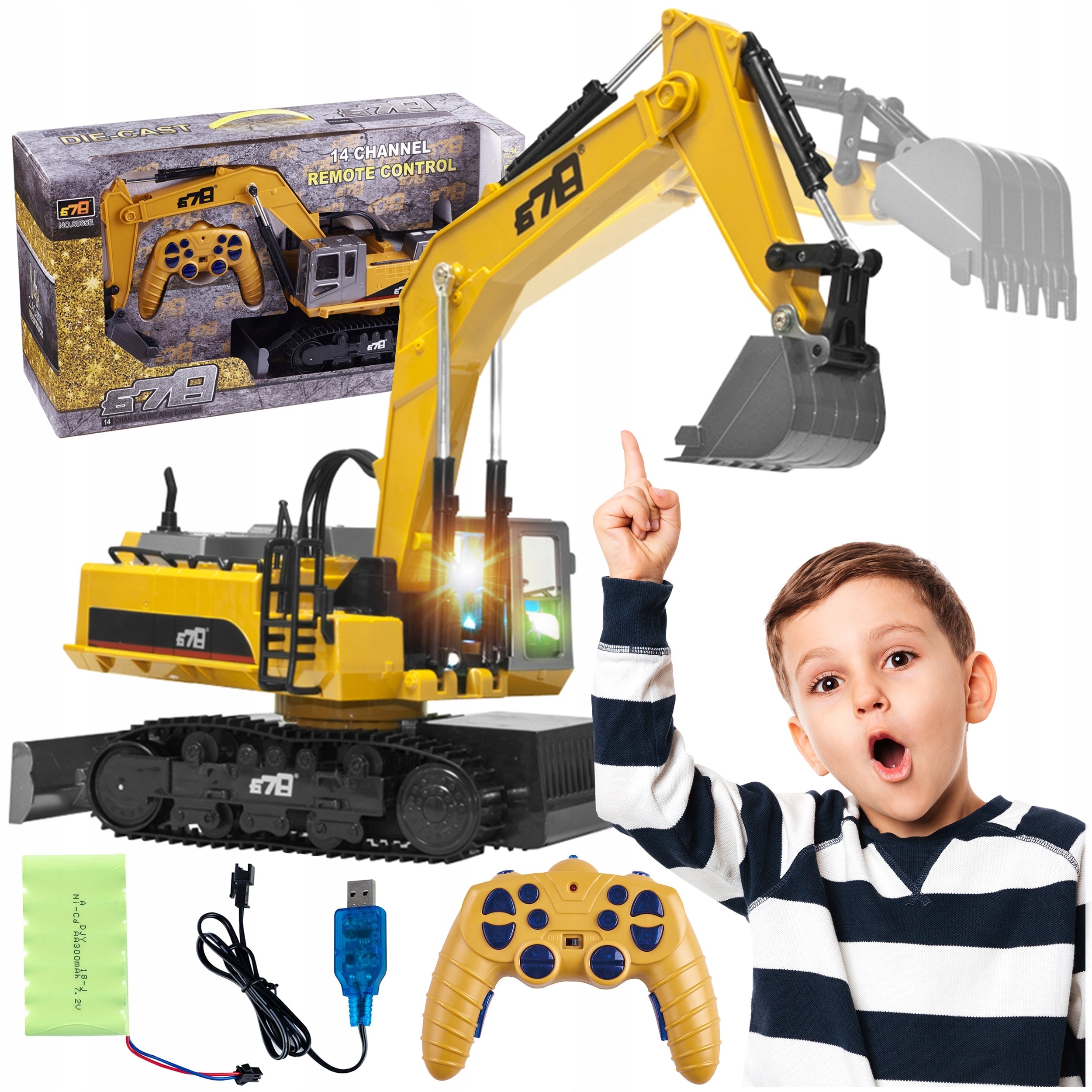 Excavator cu telecomanda, scara 1/14, cu telecomanda, incarcare USB, 14 canale